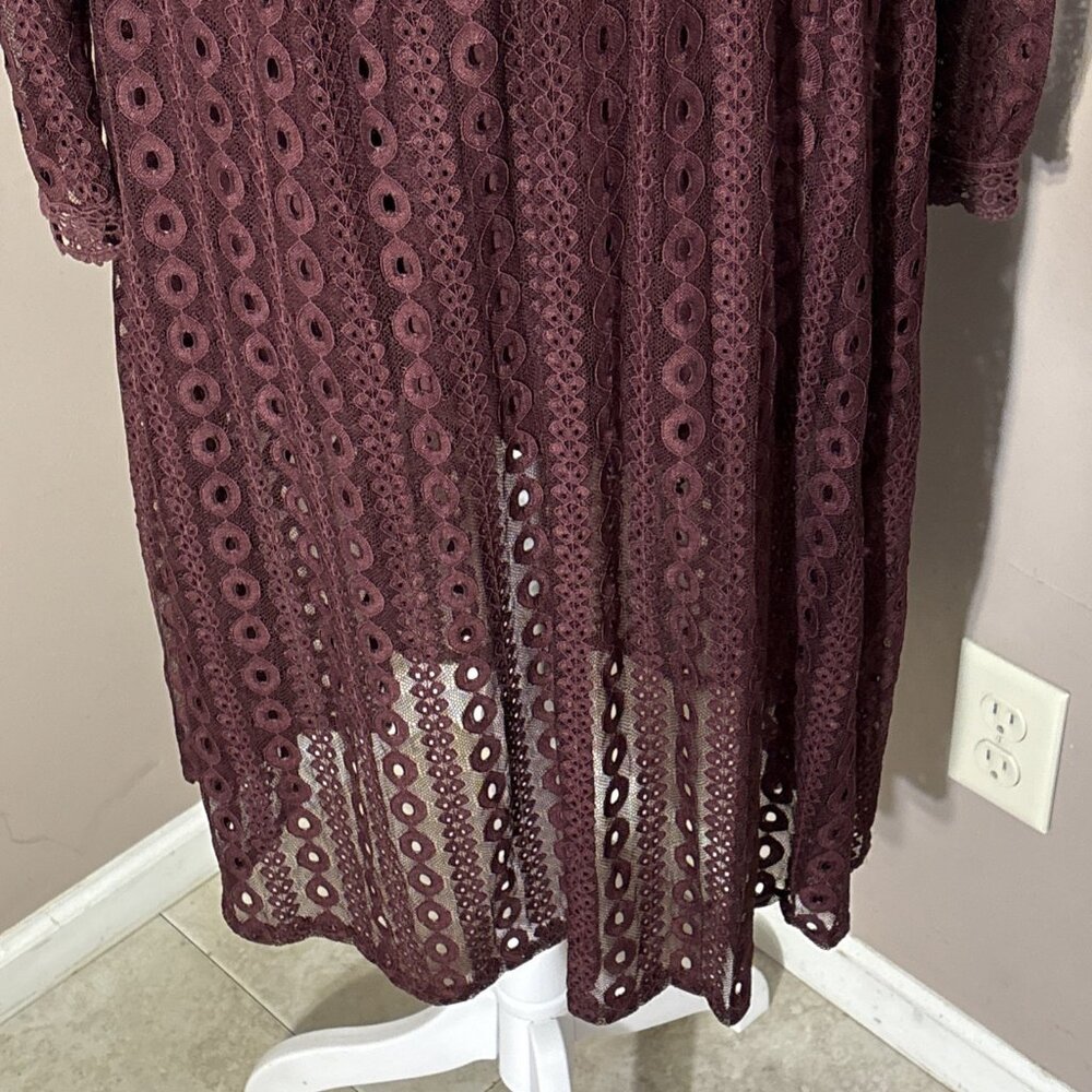 POL Maxi Dress Burgundy High Collar Lace Overlay Victoria Elastic Waist Sz S - Picture 3 of 8
